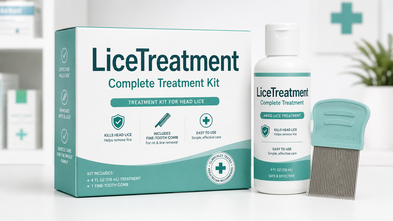 LiceTreatment kit box, labeled bottle, and fine-tooth comb