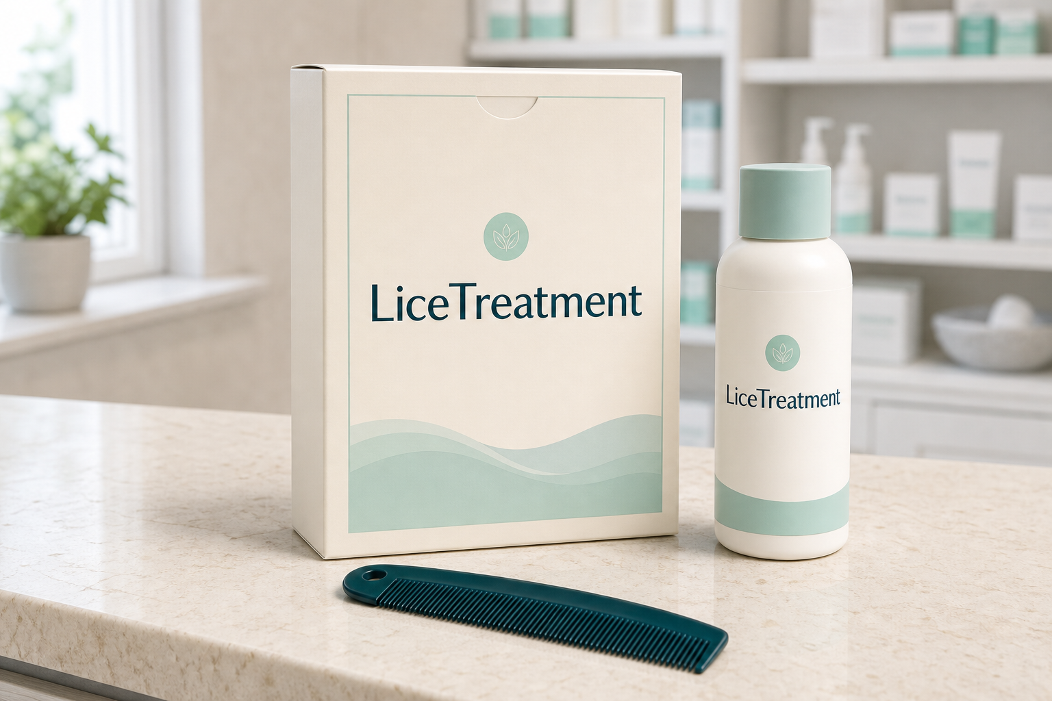LiceTreatment boxed kit, bottle, and comb